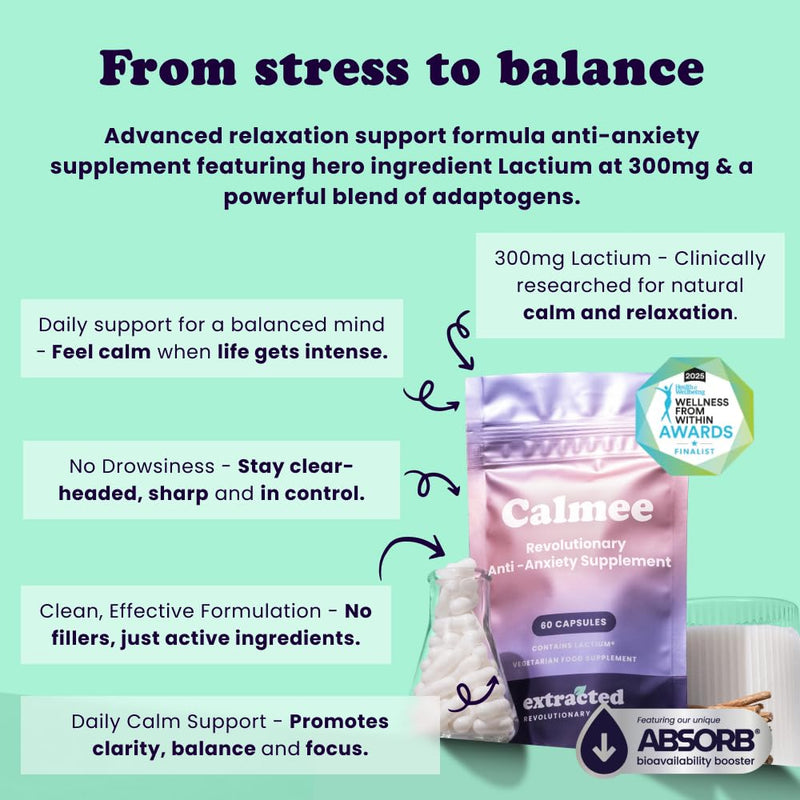 Calmee Natural Calm & Relaxation Support Supplement - 30-Day Supply - with Ashwagandha, Lactium, Holy Basil & Vitamin B6 for Normal Psychological Function, 60 Vegetarian Capsules 60 count (Pack of 1)