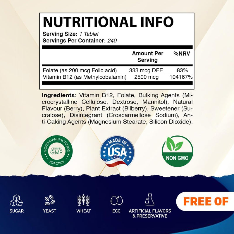Vitamatic Methyl B12 2500 mcg with Folic Acid – Natural Berry Flavor – 240 Fast Dissolve Tablets – Methylcobalamin Vitamin B12 for Energy & Nervous System Support – Vegan & Non-GMO Supplement