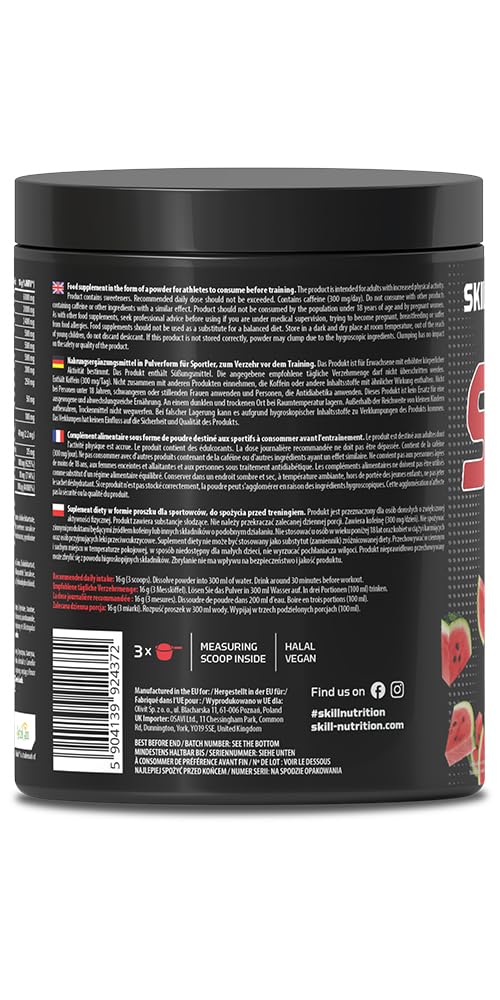Skill Nutrition Pre-Workout Watermelon - No-Crash Formula with Extended-Release Caffeine | Xtenergy®, TheaGreen™, Vitacholine®, Astragin® | Vegan, Halal | B-Vitamins, Citrulline, Beta-Alanine