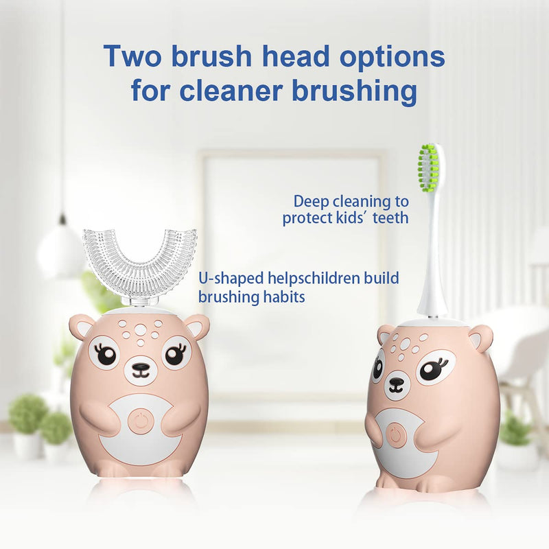 [Australia] - Kids Electric Toothbrushs U Shaped sonic Automatic Toothbrush with 4 Brush Heads, Six Cleaning Modes,Cartoon deer Modeling , full mouth toothbrush for baby Pink 7-14 Years 