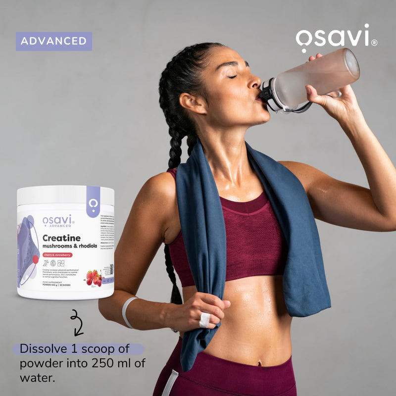 Osavi Creatine + Mushrooms & Rhodiola – 300 g Powder | Cherry & Strawberry | with Lion’s Mane, Cordyceps & Chaga | Increases Performance in Short Bursts of high Intensity Exercise | B6, B5, Zinc