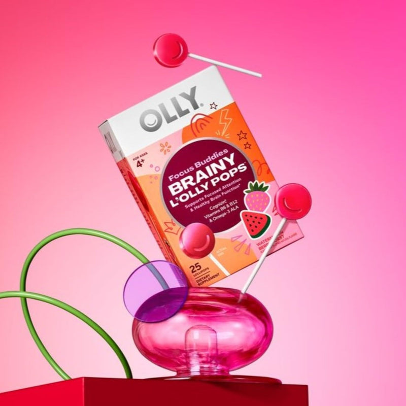 OLLY Focus Buddies L’OLLY Pops, Cognizin, Vitamins B6 and B12, Omega-3 ALA, Supports Focused Attention and Healthy Brain Function,* Kids 4+ Dietary Supplement, Watermelon Strawberry Flavored, 25 Count