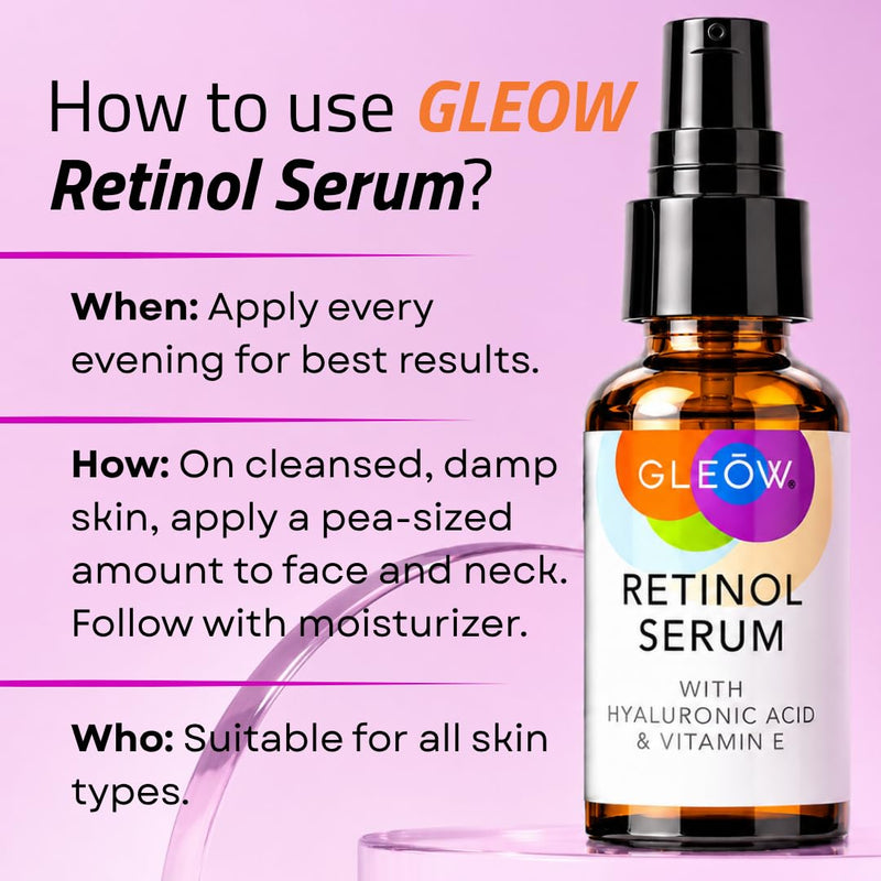 GLEOW Retinol Serum for Face with Hyaluronic Acid and Vitamin E, Gentle Retinol Face Serum Targets the Appearance of Fine Lines and Wrinkles, 2oz Retinol Serum 2oz