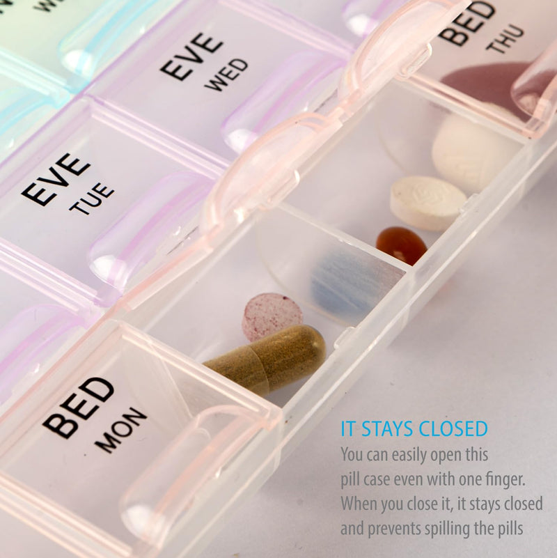 Deke Home - Pill Organizer 4 Times a Day, Weekly Medicine Box with Morning, Noon, Evening, Bed Compartments, Large, Translucent, Easy-to-Open Pill Case, 7-Day Travel Medication Organizer for Vitamins. 1 Count (Pack of 1)