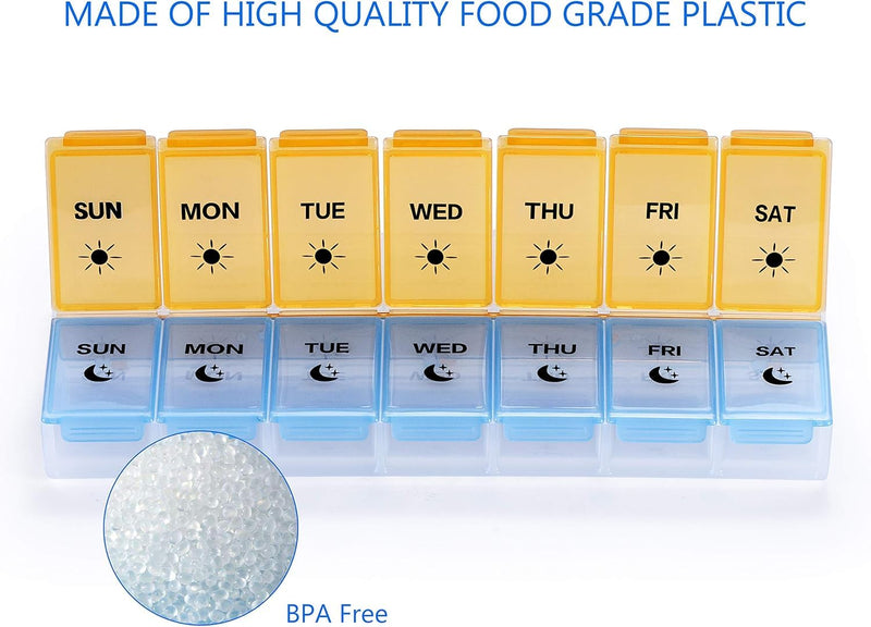 Extra Large 7 Day Pill Organizer AM PM BPA-Free Medicine Case with Oversized Compartments for Large Vitamins, Fish Oil, and Supplements, Easy Open Design(Yellow/Blue)