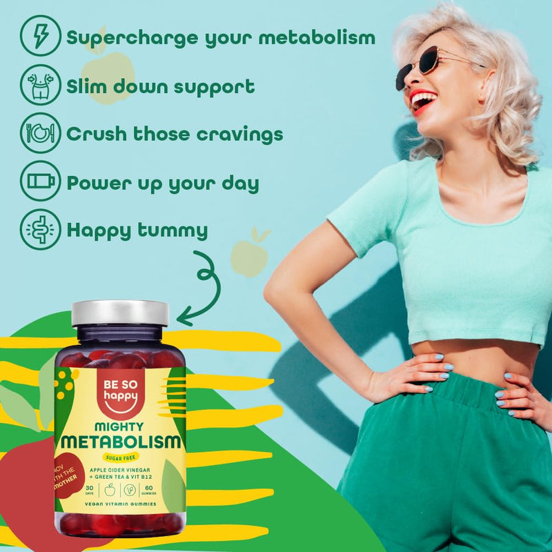 Sweet Sugar Free Apple Cider Vinegar Gummies with the Mother, Complex Ehanced with Greentea, Folic Acid, B12, B6, Selenium. High Dosage 100% Natural ACV Gummies BE SO HAPPY Mighty Metabolism