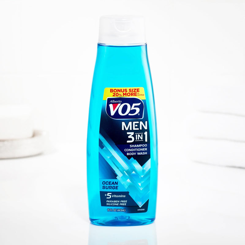 VO5 Alberto Men 3 in 1 Fresh Ocean Surge - 3 in 1 Shampoo Conditioner and Body Wash - With 5 Oils and 5 Vitamins - Energizing Ocean Scent - 15 oz 15 Fl Oz (Pack of 1)