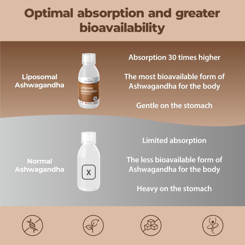 Bandini® Liposomal Ashwagandha 250 mg KSM-66 – High Strength - Higher Absorption & Bioavailability – Reduce Stress, Tiredness & Fatigue - Sleep & Brain Health Support – 250 ml Bottle, 25 Portions