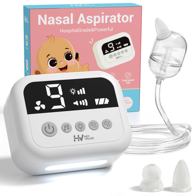 [Australia] - HEYVALUE Nasal Aspirator for Baby, Hospital Grade Nose Sucker with 9 Levels Suction, Night Light and Nursery Rhyme Soothing Function, Electric Nose Suction for Baby with Food-Grade Silicone Tips White 