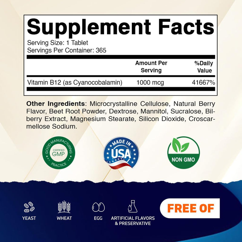 Vitamatic Vitamin B12 1000 mcg Fast Dissolve – 365 Tablets – Natural Berry Flavor – Supports Energy Metabolism & Nervous System Health 1 Bottle
