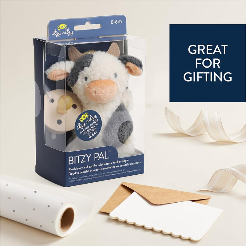 [Australia] - Itzy Ritzy Pacifier & Lovey Set - Natural Rubber Pacifier with Stuffed Animal Lovey - Detachable Plush Cow Binky Holder & Coordinating Natural Rubber Binky, Ideal for Ages 0-6 Months (Cow) 1 Count (Pack of 1) 
