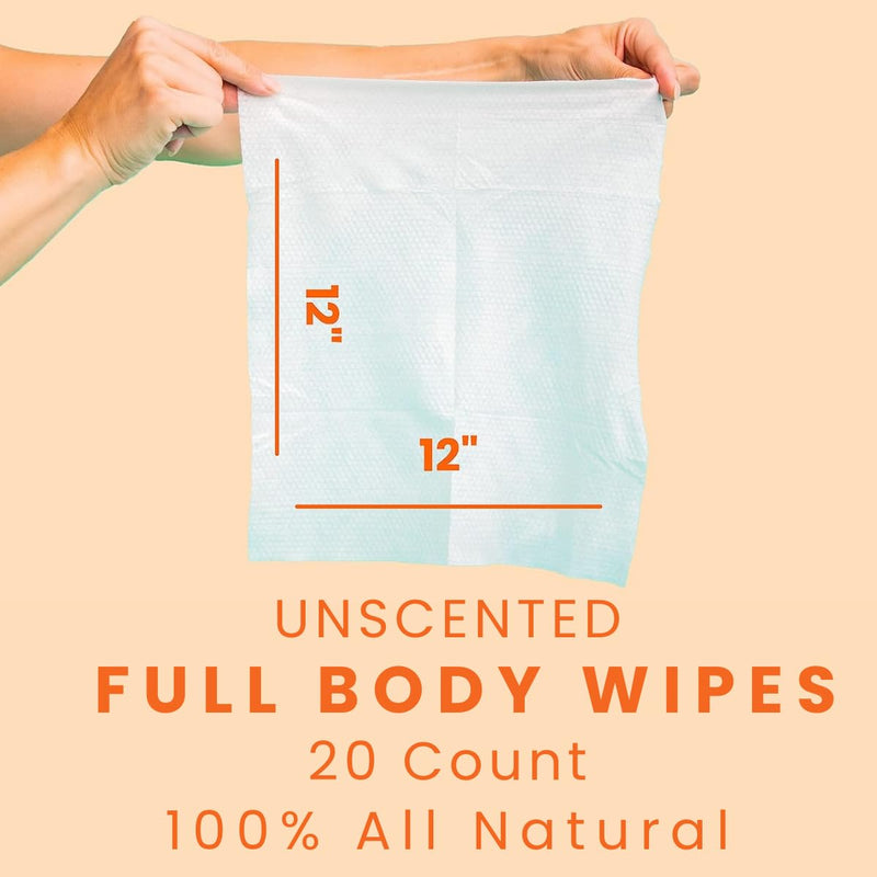 [Australia] - Full-Body Rinse-Free Hypoallergenic Biodegradable Bathing Wipes –All Natural, Refreshing Anytime Anywhere, Post Workout, Camping, Travel, Daily Life, 12”x12” X-Large 20-count, Unscented 1 Pack 20 Count (Pack of 1) 