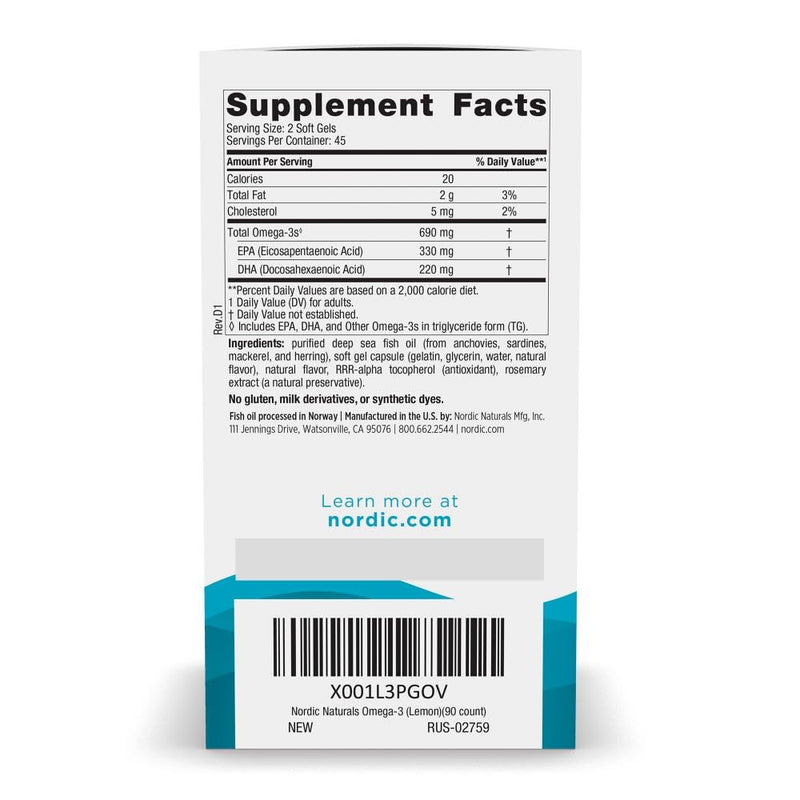 Nordic Naturals Omega-3, 690mg Fish Oil, EPA & DHA, Lemon - 90 Count | Omega-3 fish oil supports immune, brain & heart health. Optimal Wellness. Non-GMO, burpless. 45 servings. 90 Count (Pack of 1)