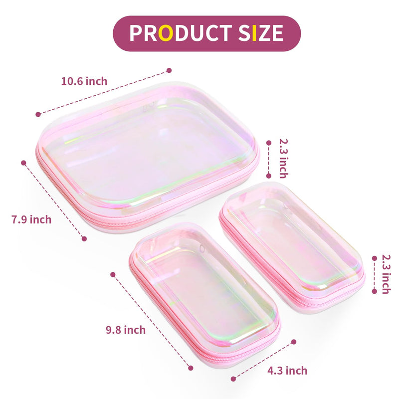 Clear Hard Shell Zipper Case, Surface scratch resistant material, Portable Cosmetic Bag with Zipper, Diaper Bag Organizing Pouches, Hard Plastic Case, Clear Bags for Organizing, Pink （6 Pcs） 4M+2L