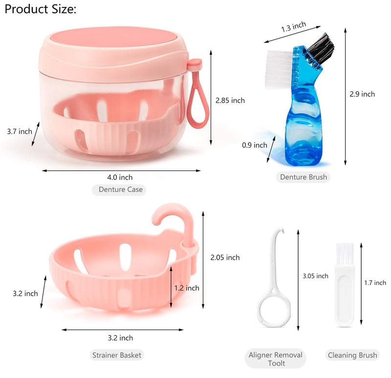 [Australia] - Denture Case, Leak Proof Denture Bath Cup for Travel, Pink Denture Container Cups for Soaking Full & Partial Dentures, Retainers, Mouth Guard with Denture Cleaner Brush, Aligner Removal Tool 