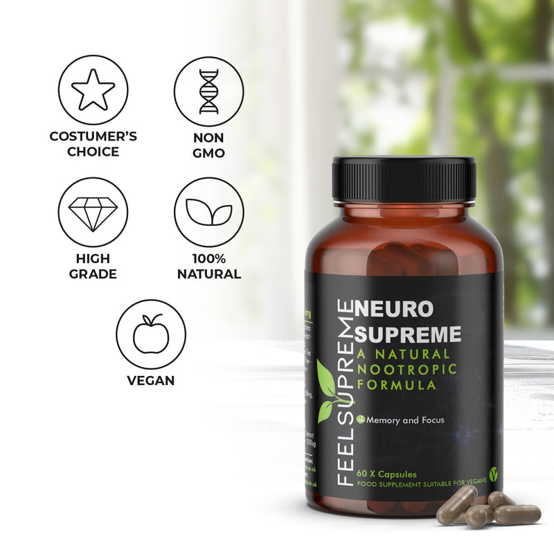 Neuro Supreme Nootropics Brain Supplement - Ashwagandha, Vitamin B12, B5 & Folic Acid - Focus, Memory & Energy Support - Cognitive Function & Stress Support, 60 Vegan Capsules