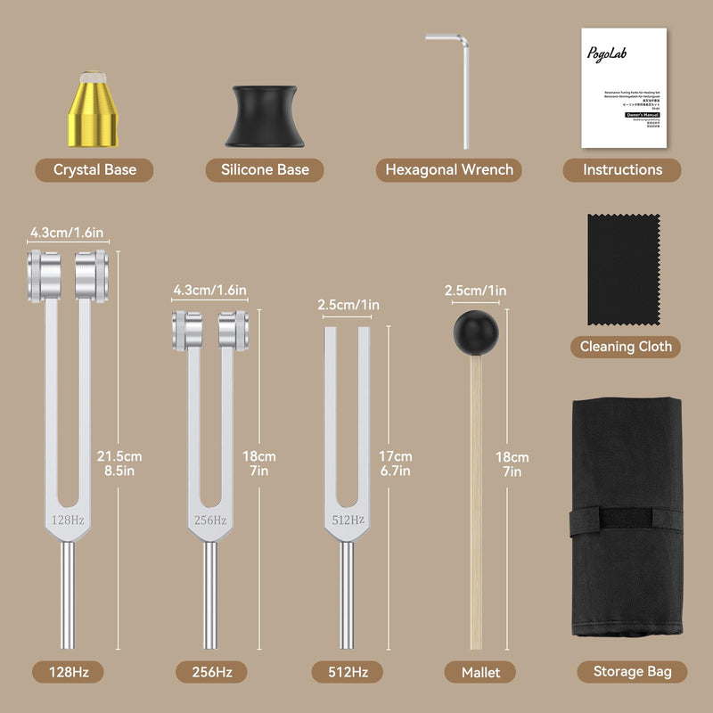 [Australia] - Tuning Forks for Healing Set (128Hz, 256Hz, 512Hz), with Percussion Hammer Mallet, Crystal Base & Storage Pouch, Sound Therapy Instrument for Chakra/Yoga/Meditation 