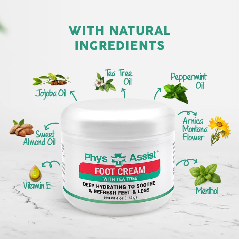 PhysAssist Foot Cream with Tea Tree – Deep Hydrating Foot & Leg Cream for Dry, Tired & Sensitive Skin – Refreshing Moisture Support with Peppermint, Menthol & Vitamin E – 4 oz Jar | For Dry, Tired & Sensitive Feet & Legs - Cooling Refresh with Peppermi...