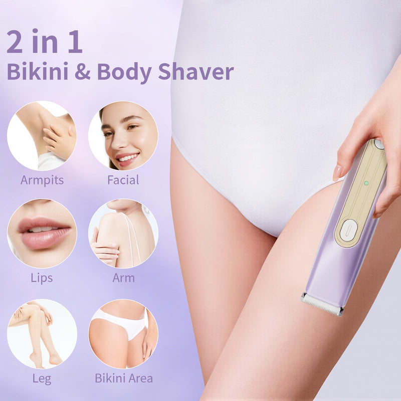 [Australia] - 2-in-1 Bikini Trimmer for Women, Dual Head Electric Razor, IPX6 Waterproof Wet/Dry Use Women Electric Shaver, Painless Body Hair Trimmer, Facial & Pubic Hair Remover for Underarm, Leg, Arm, Purple 