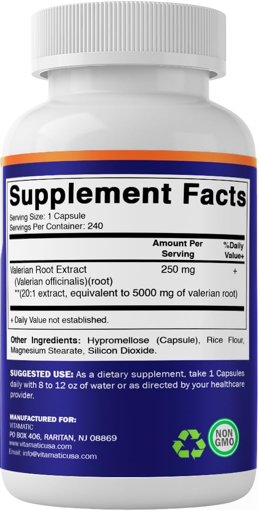 [Australia] - Vitamatic Valerian Root 5000mg Equivalent Per Serving (from 20:1 Extract 250 mg) - 240 Capsules - 20X Concentrated Extract 240 Count (Pack of 1) 