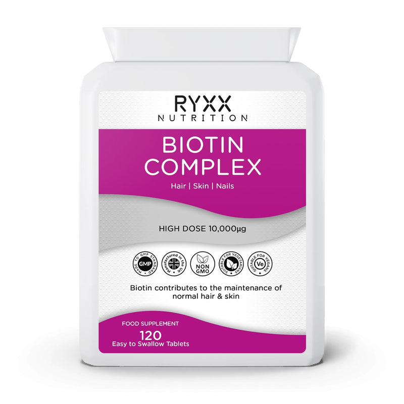 Biotin Complex 10,000µg | High Strength Biotin for Hair Growth, Skin & Nails | 120 Vegan Tablets | Made in the UK by RYXX
