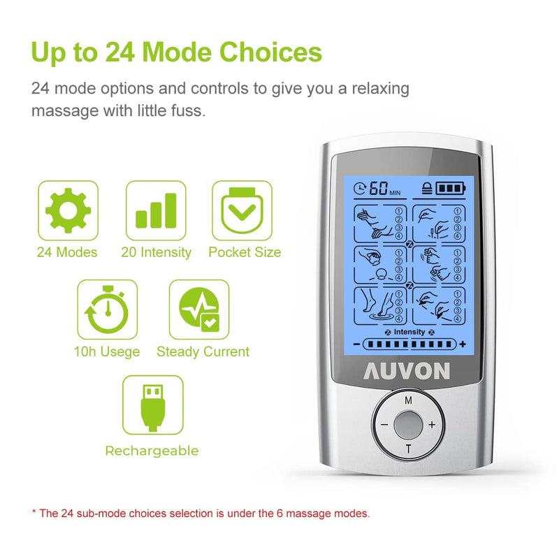 [Australia] - AUVON Rechargeable TENS Unit Muscle Stimulator, 24 Modes 4th Gen TENS Machine with 8pcs 2"x2" Premium Electrode Pads for Pain Relief A-silver 