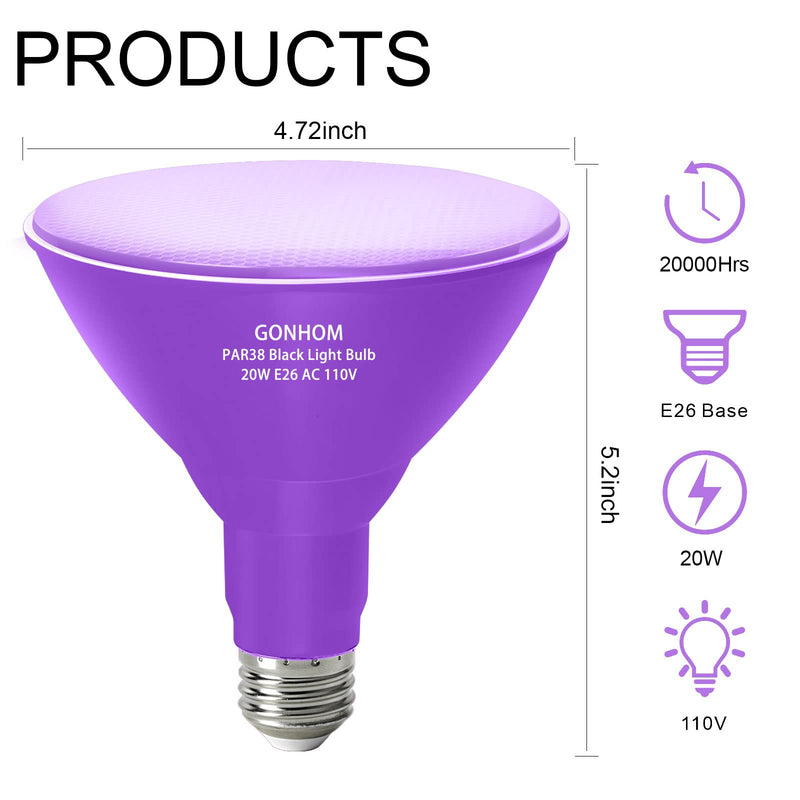 [Australia] - 2 Pack Par38 Black Light Bulbs Outdoor,20W Black Flood Light Replace to 200W,E26 Base BlackLight Bulbs Outdoor for Halloween Light Bulbs,Christmas Party Decor,Home Lighting Uv 2 Pack 