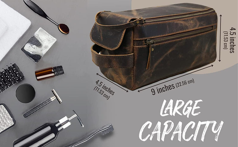 Men's Genuine Leather Toiletry Bag Waterproof Dopp Kit Shaving Bags And Grooming For Travel Groomsmen Gift Men Women Hanging Zippered Makeup Bathroom Cosmetic Pouch Case Make Up kit