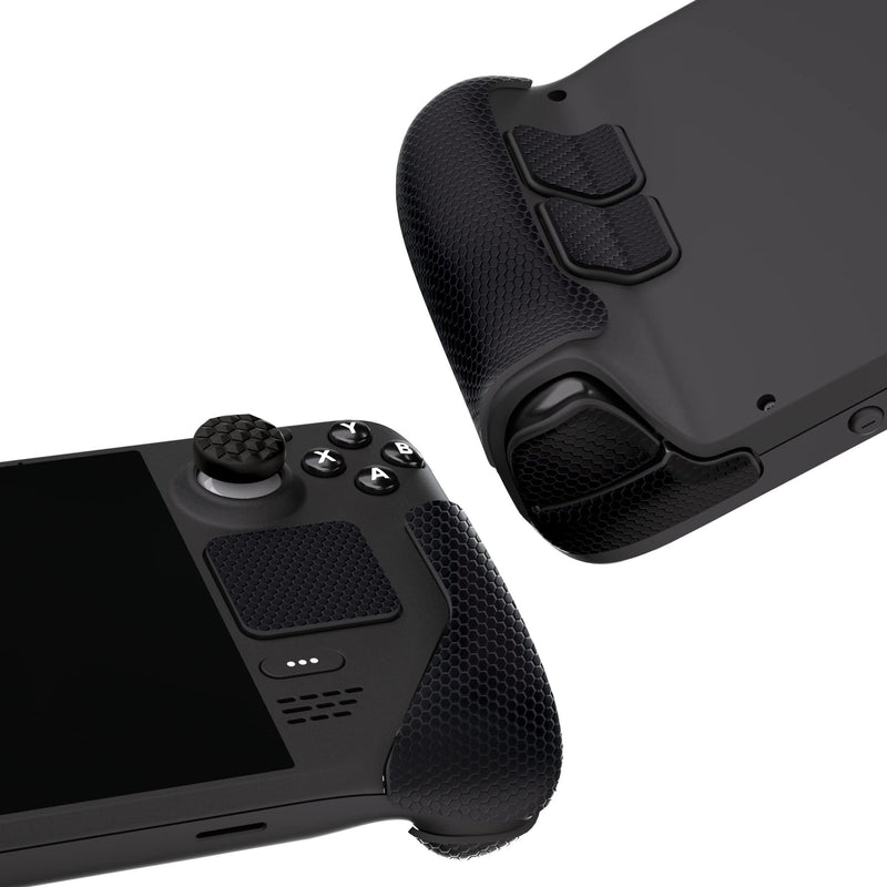 [Australia] - PlayVital Professional Textured Soft Rubber Pads Handle Grips for Steam Deck LCD & OLED, Trackpads Skin Grip Enhancement Back Button Protective Stickers Set with Thumb Caps - Honeycomb Textured Black 
