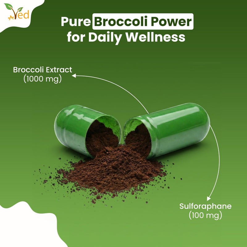 Ved Broccoli Sulforaphane, Broccoli Powder Rich in Vitamins and Minerals, 550 mg 90 Vegan Capsules (45 Days supplys)