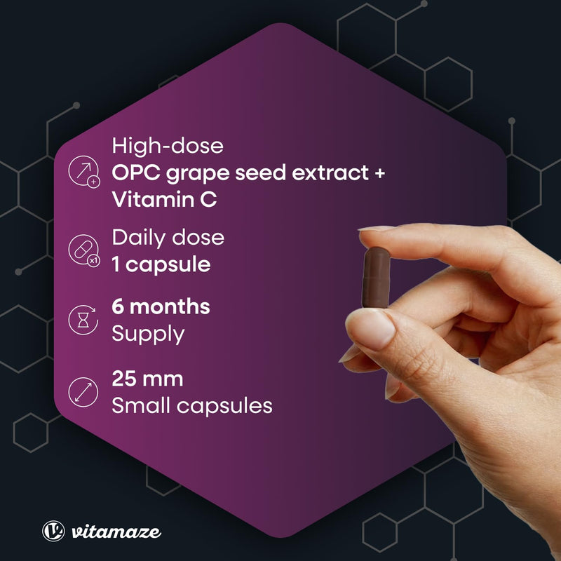 Grape Seed Extract Capsules 450mg Certified OPC +100 mg Vitamin C Antioxidant- 6 Months Supply 180 Capsules - Supplement Without Additives, Made in Germany 158.4 g (Pack of 1)