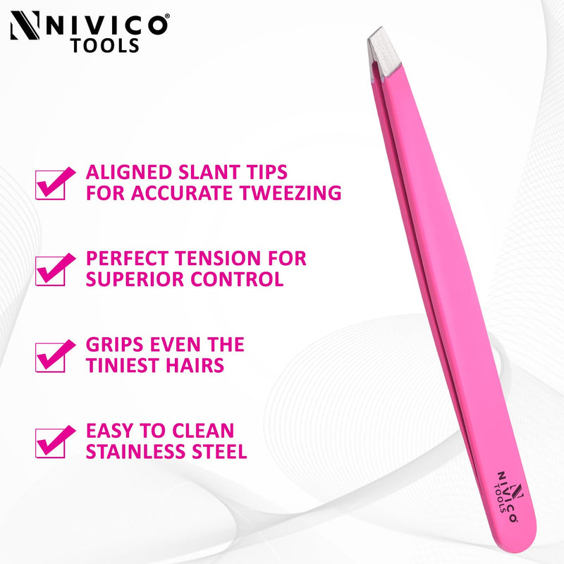 NIVICO Eyebrow Tweezer Hair Removal, Slant Stainless Steel 9.5cm Ingrown Facial Hair Tweezers for Men And Women (Pink Coated)