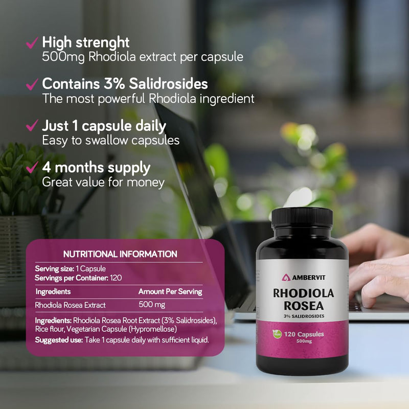 Rhodiola Rosea Capsules High Strength 500mg - 120 Capsules - 3% Salidrosides - Premium Rhodiola Root Extract - 4 Months Supply | Ambervit