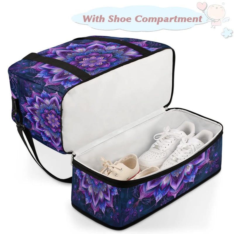 Travel Duffle Bags With Shoes Compartment for Women Men Purple Mandala Lightweigh Sports Tote Gym Bag Boho Flower Foldable Canvas Weekender Overnight Carry On Luggage Handle Bag B03:Purple Mandala
