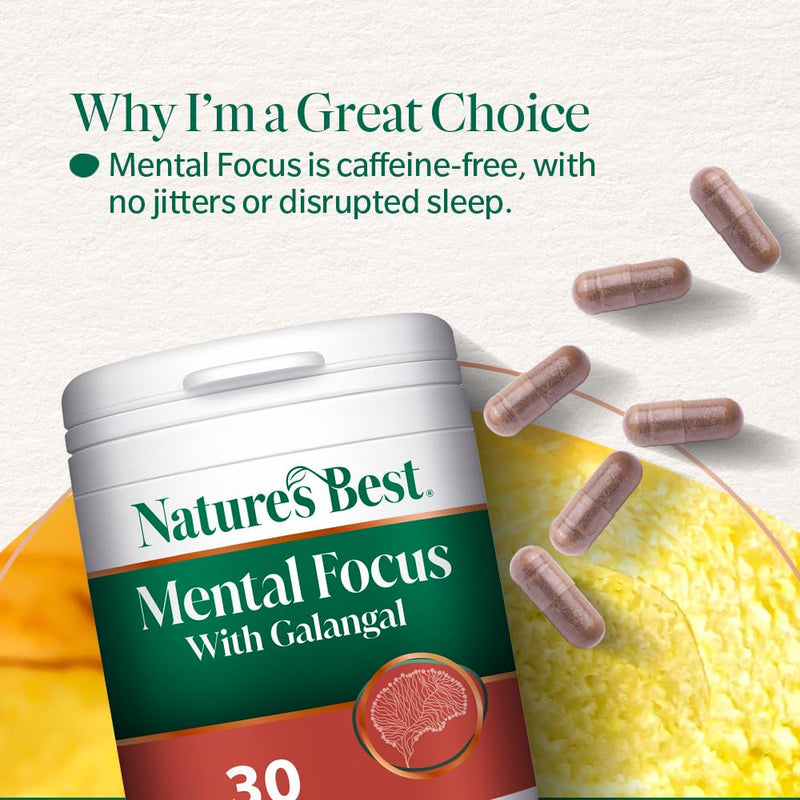 Nature’s Best Mental Focus Supplement - Fast-Acting Caffeine-Free Clarity with Galangal, Pantothenic Acid & Iodine - Energy, Mental Performance & Cognitive Support - 30 Capsules (1 Month Supply)