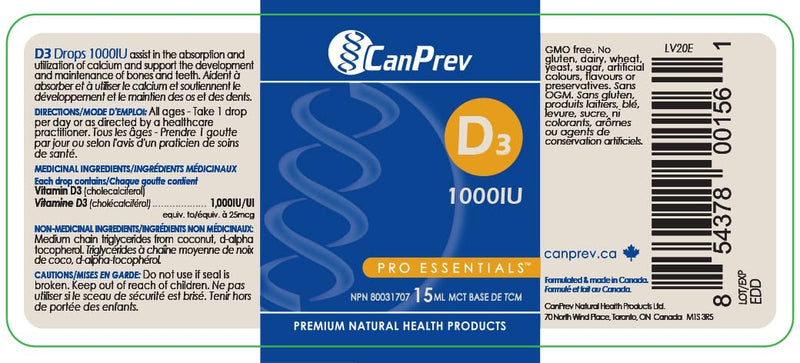 CanPrev D3 Drops 1000iu mct Oil Base, 0.5 Ounce