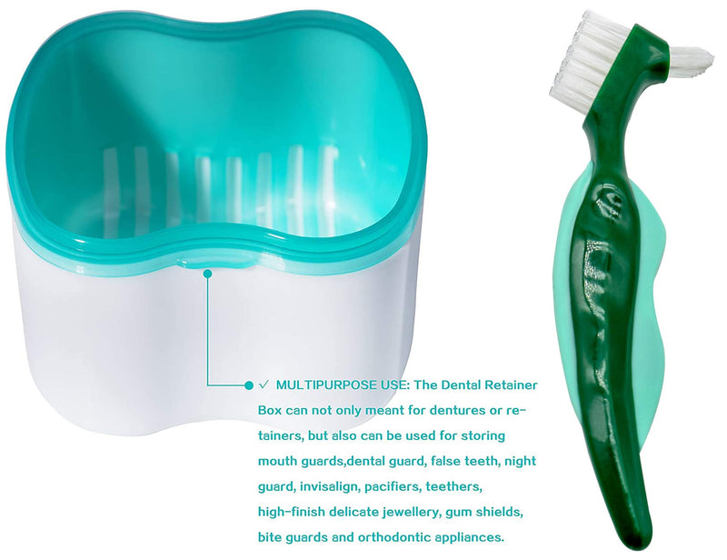 [Australia] - Denture cleaning kit,Denture Case,Denture Cups Bath, Toothbrush with hard denture, Dentures Container with Basket Denture Holder for Travel,Mouth Guard Night Gum Retainer Container (Green) green 