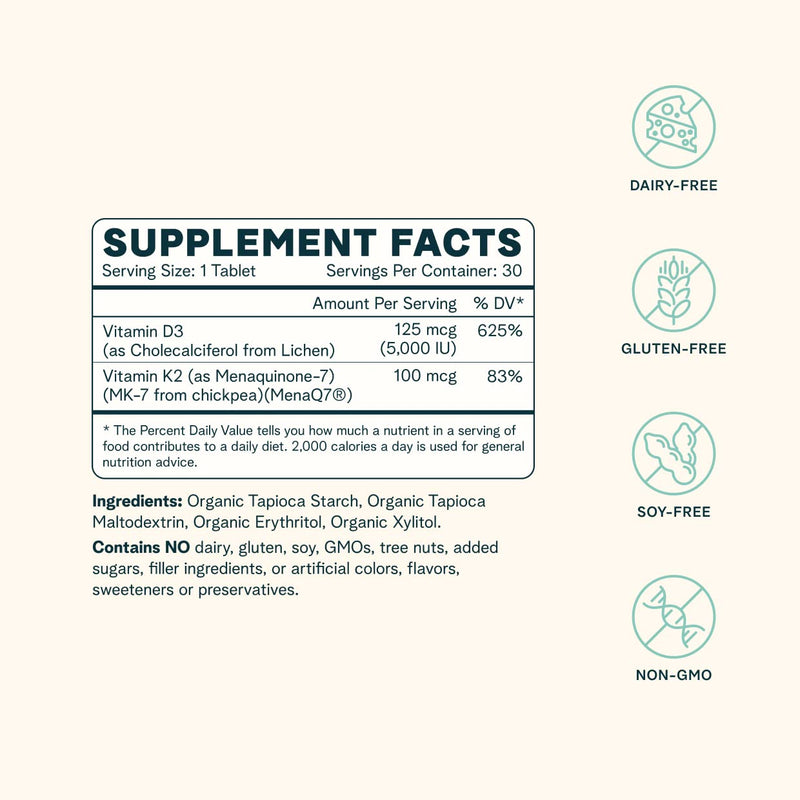 Ora Organic Vitamin D3 5000IU + K2 & Vitamin D3 2000IU Bundle: Vegan Vitamin D from Lichen and K2 from Chickpeas, 30 Chewable Tablets + Vegan Vitamin D from Lichen for Bone Health, 30 Vegan Tablets