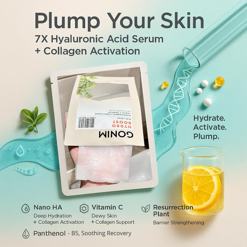 Korean Face Mask, Hydrating Sheet Mask with Hyaluronic Acid Serum | Face masks for women with collagen activation and vitamin C; Korean sheet mask for skin care, travel essentials, 30mlx10pcs 1 Count (Pack of 10)