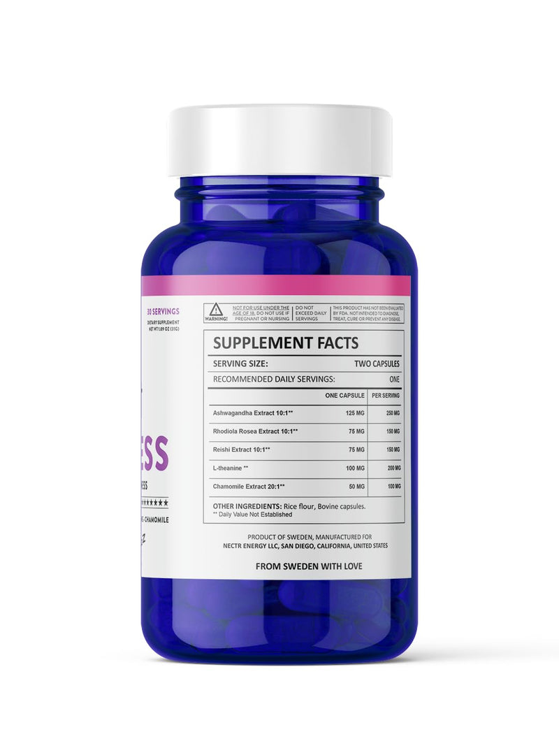 [Australia] - Nectr DE-Stress - Ashwagandha - Rhodiola Rosea - Reishi Extract 10:1 - L-Theanine - Chamomile Extract 20:1-30 Servings (60 Capsules) - Promotes Natural Mood Control for Relaxation - Made in Sweden 