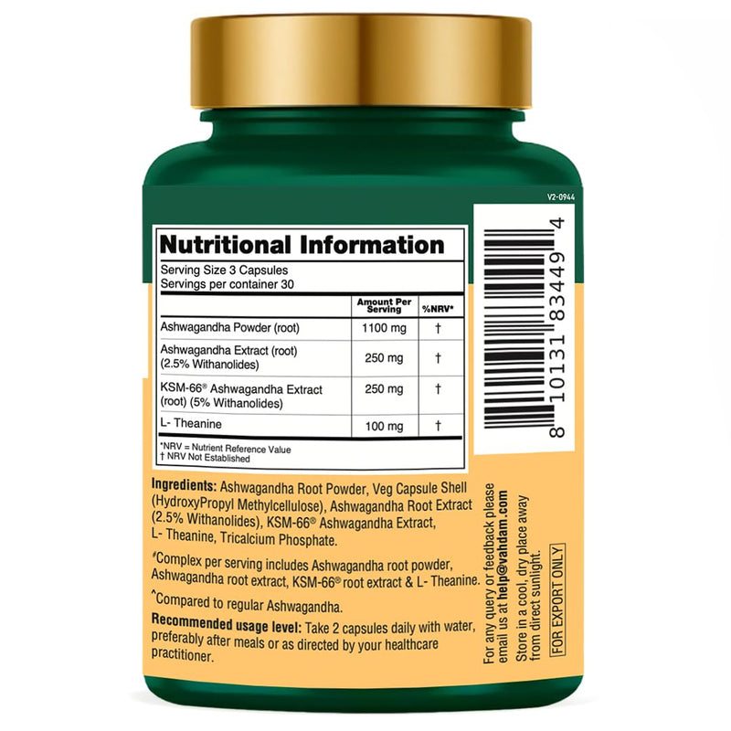 VAHDAM Ashwagandha Supplement 1700mg | 90 Capsules (1 Months Supply) with KSM- 66 Ashwagandha Root Extract and L-Theanine