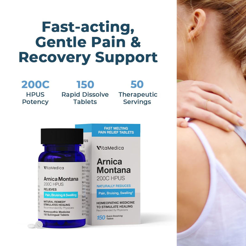 [Australia] - VitaMedica Arnica Montana 200C Rapid Dissolve Tablets for Natural Pain, Bruising, and Swelling Support - High Potency Homeopathic Medicine for Injury and Surgery Recovery - 150 Ct - 50 Servings 