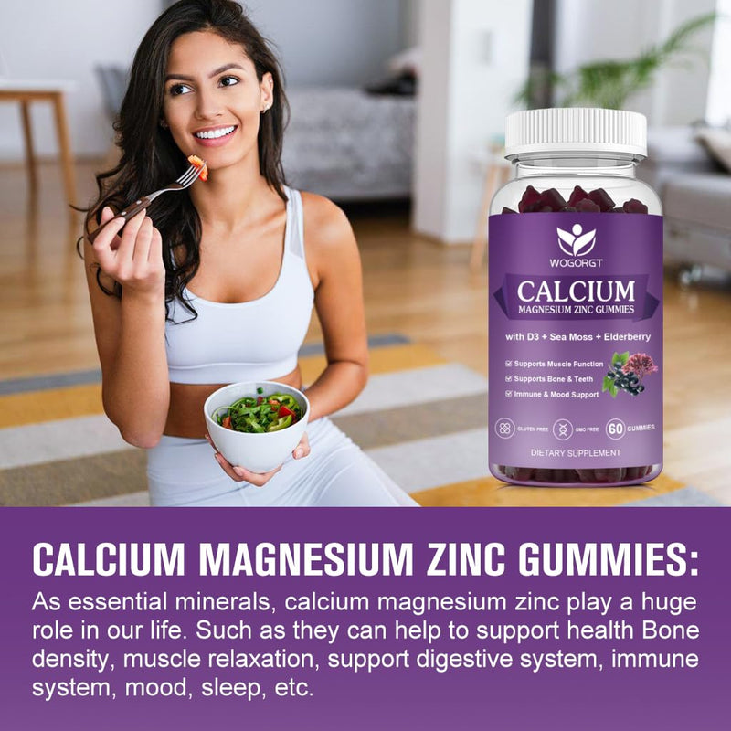 Calcium Magnesium Zinc Gummies with Vitamin D3 for Women & Men, Vegan, 60Ct | WOGORGT - Chewable Calcium Magnesium Zinc D3 Supplement with Sea Moss, Elderberry for Bone & Teeth, Daily Wellness Support 60 Count (Pack of 1)
