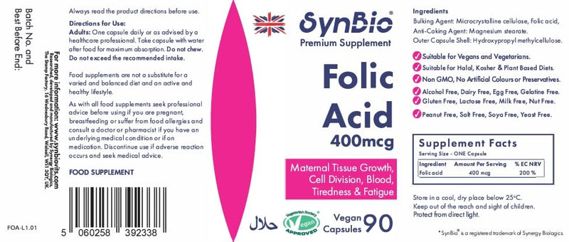 Premium - Folic Acid 400mcg | 90 Capsules | Maternal Tissue Growth | Vegan Certified | Free from Nuts, SOYA, Dairy, Yeast | Made in The UK