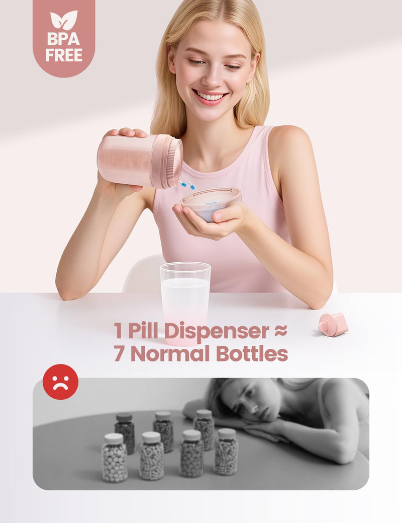 Large Pill Organizer with Desiccant, 7-Compartment Pill Bottle | Light-Proof, Moisture-Proof, Anti-Mixing, Touch-Free Pill Dispenser, Sealed BPA-Free Vitamin Organizer with Handle, Green