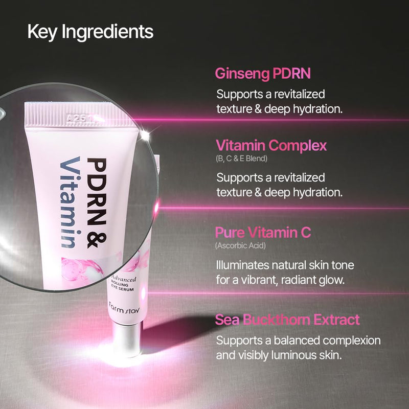FARMSTAY PDRN & Vitamin Advanced Rolling Eye Serum | Puff Eye Bags Uneven Tone Dark Circles Korean Skincare Cream Gel Collagen KBeauty Elasticity Hyaluronic Acid Collagen 0.85 Fl Oz