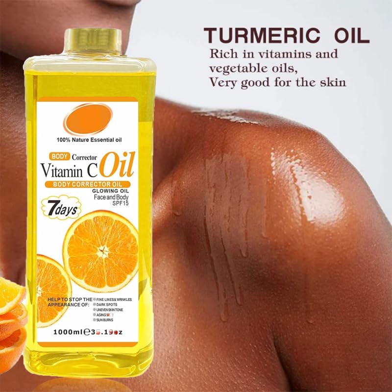 Vitamin C Body Oil, 1000ml Tumeric Body Oil, Retinol Vitamin C 7days, Vit C Body Corrector Oil for Uneven Skin Tone (1000ML VC) 1000ML VC