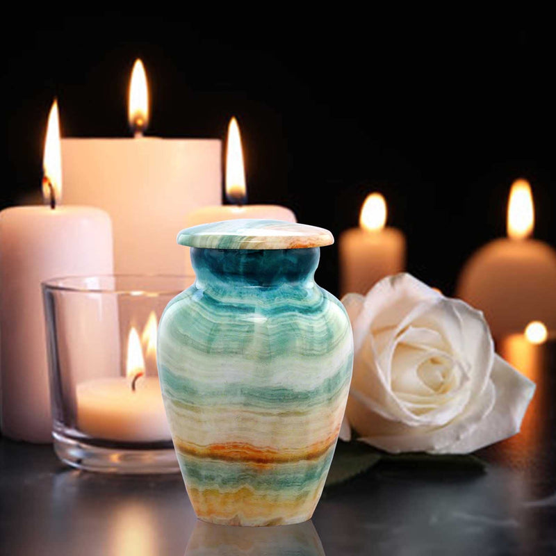 [Australia] - Small Keepsake Cremation Urns for Human Ashes - Marble Finish Metal Keepsake Urn - Mini Cremation Urn for Pet Ashes - Handcrafted Memorial Urn - Funeral Urns with Velvet Bag (Blue Marsh) Blue Marsh 