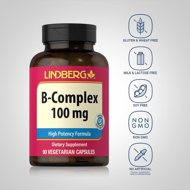 Lindberg B Complex Vitamins 100 mg | 90 Capsules | High Potency Supplement for Women and Men | with B1, B2, B6, B12, and Folate | Vegetarian, Non-GMO, Gluten Free
