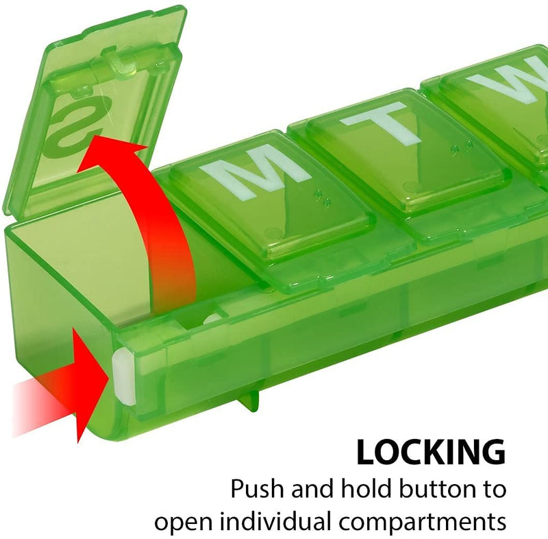 EZY DOSE Weekly (7-Day) Daily Pill Container, Medicine Planner, Vitamin Organizer, Large Locking Compartments Secure Prescription Medication and Prevent Accidental Spilling, Color May Vary, BPA Free Large 6" x 1.375" x 1"